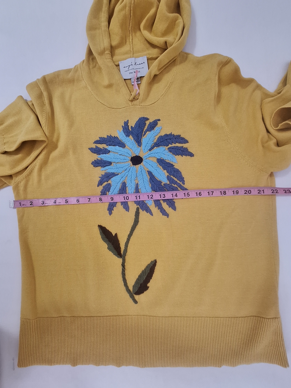 NWT evy's tree Mustard Yellow Hoodie Sweater with Blue Floral Motif - Picture 6 of 11